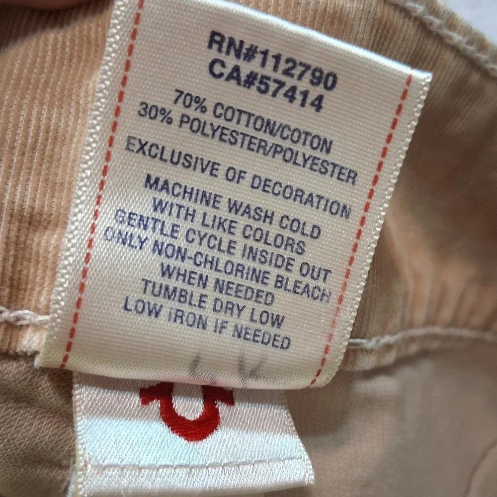 True Religion Ricky Straight Leg Corduroy Pants Tan Khaki Mens 31x34 Bootcut
